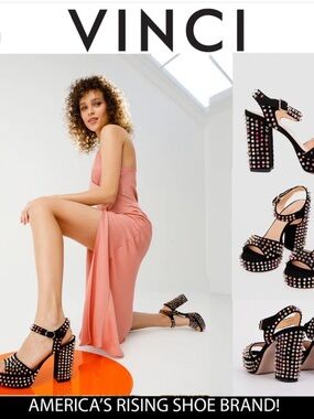 VINCI Black Studded Platform Block Heel Sandals with Ankle Strap